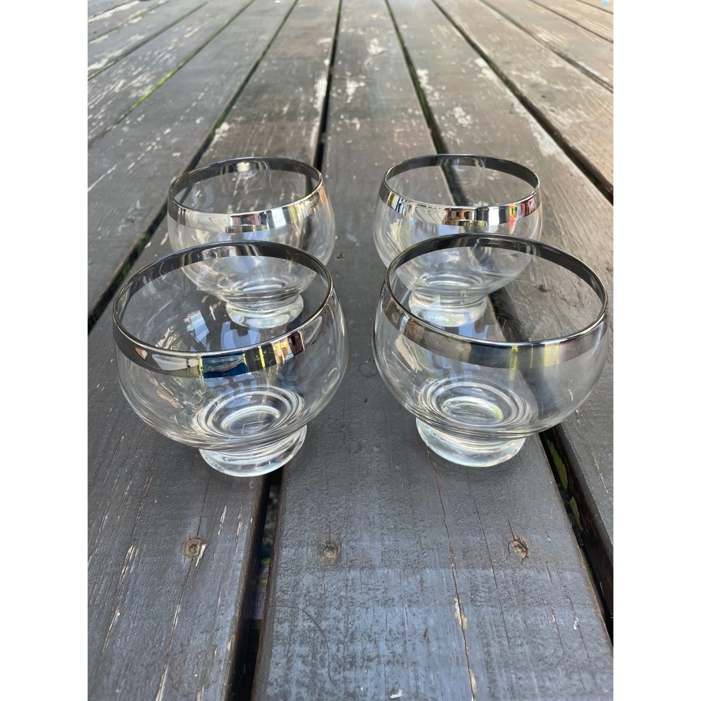 Vintage Silver Rim Roly Poly Cocktail Glasses Set of 4 Dorothy Thorpe Style MCM